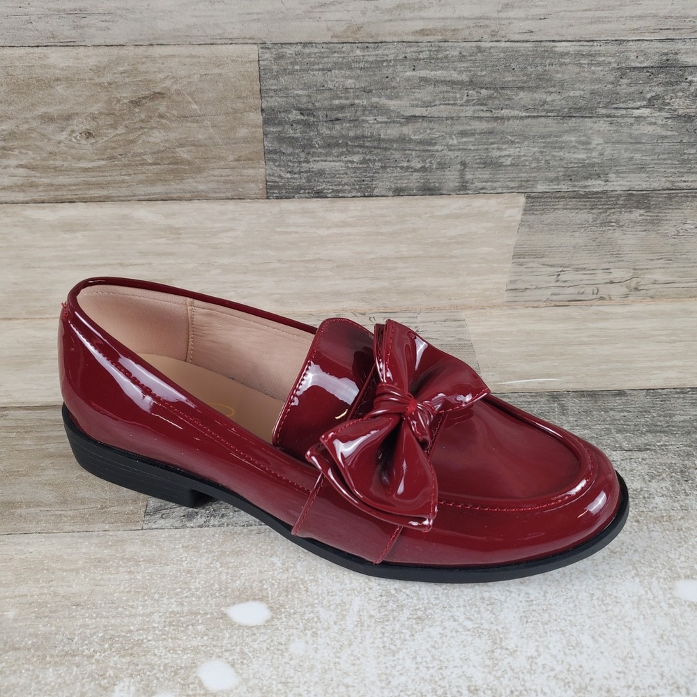 London Rag Araminta Womens Loafers Sz 10 Burgundy Patent Leather Bow Slip On
